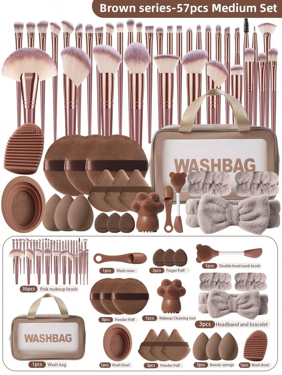 57PCS Makeup Tools Set Including:1pc Multi-Functional Zipper Toiletry And Cosmetic Bag Waterproof+36PCS Makeup Brush Set+3PCS Makeup Sponges+3PCS Triangle Powder Puffs+3PCS Mini Air Cushion Powder Puffs+3PCS Circular Powder Puffs+3PCS Facial Cleansing Brush+1pc Hairband+2PCS Hand Bowl Strap+2PCS Makeup Brush Cleaning Tools - 彩色 - 查看 1