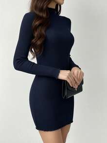 1pc Women's Ruffle Trim Round Neck Solid Color Waist Cinched Slim Fit Casual Dress, Suitable For Home And Commute - Royal Blue - View 5