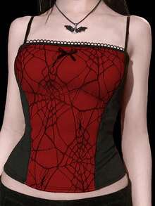 Women's Gothic Spider Web Lace Camisole Ruffle Collar Knit Fabric Cropped Tank Top - Multicolor - View 2