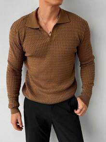 WAIT HIM Suéter de cuello polo de manga larga de unicolor y textura casual para hombre