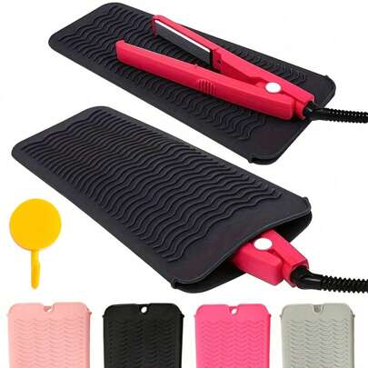 1 pieza Estera resistente al calor de silicona, Juego de bolsa de almacenamiento para alisador, Bolsa de viaje para alisador, Almohadilla de silicona resistente al deslizamiento y al calor, Adecuada para alisador, rizador, ondulador y herramientas de peinado, Aislamiento térmico, Inodoro, Resistente a altas temperaturas, Portátil