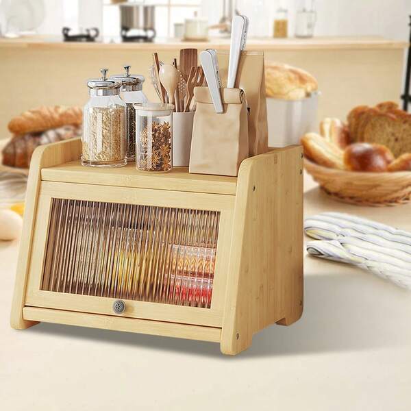 1 caja de pan de bambú acrílico con tapa - Organizador de almacenamiento de cocina a prueba de polvo para snacks, especias y cosméticos, organizador compacto para encimera o cama, diseño para alimentos, organizadores y almacenamiento de cocina, organizador de dormitorio, acabado natural, textura de madera