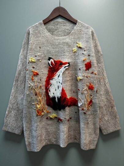 Maglione oversize da donna in maglia, con ricamo all-over di volpe e foglie, collo tondo, maniche lunghe, spalle cadenti, dettagli in maglia a costine, lunghezza regolare, adatto per autunno e inverno