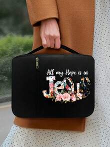 Fashionable And Minimalist Black Bible Bag And Bookmark With Patterns Of Flower Letters "Jesus", Handbag With Handle Zipper Pocket, Portable Church Bag, Multi-Functional Daily And Book Protection Large Capacity Storage Bag, Portable Sorting Bag, Standard Size Bible Bag, Perfect Choice For Adult, Women's, And Men's Bible Learning