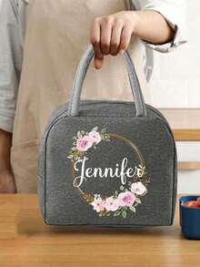 Customizable Text & Name Lunch Bag, Floral Wreath & Letter Pattern, Large Capacity Portable Lunch Bag, Suitable For Commuting, Outdoor Camping, Travel Picnic, Can Hold Breakfast, Lunch, Dinner, Fruits & Drinks, Portable Lunch Bag, Great Gift For Family, Friends, Couples, Christmas, Birthday - Multicolor - View 2