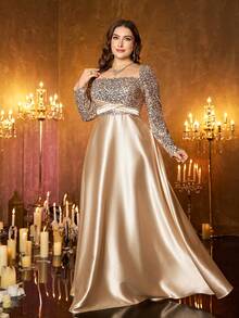 XUIBOL Plus Size Women's Elegant Sequin Long Sleeve Keyhole Neck Formal Dress, With Ruffle Details - Champagne - View 3