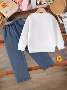 幼儿花卉刺绣圆领运动衫和牛仔裤 - 藍色 - 查看 2