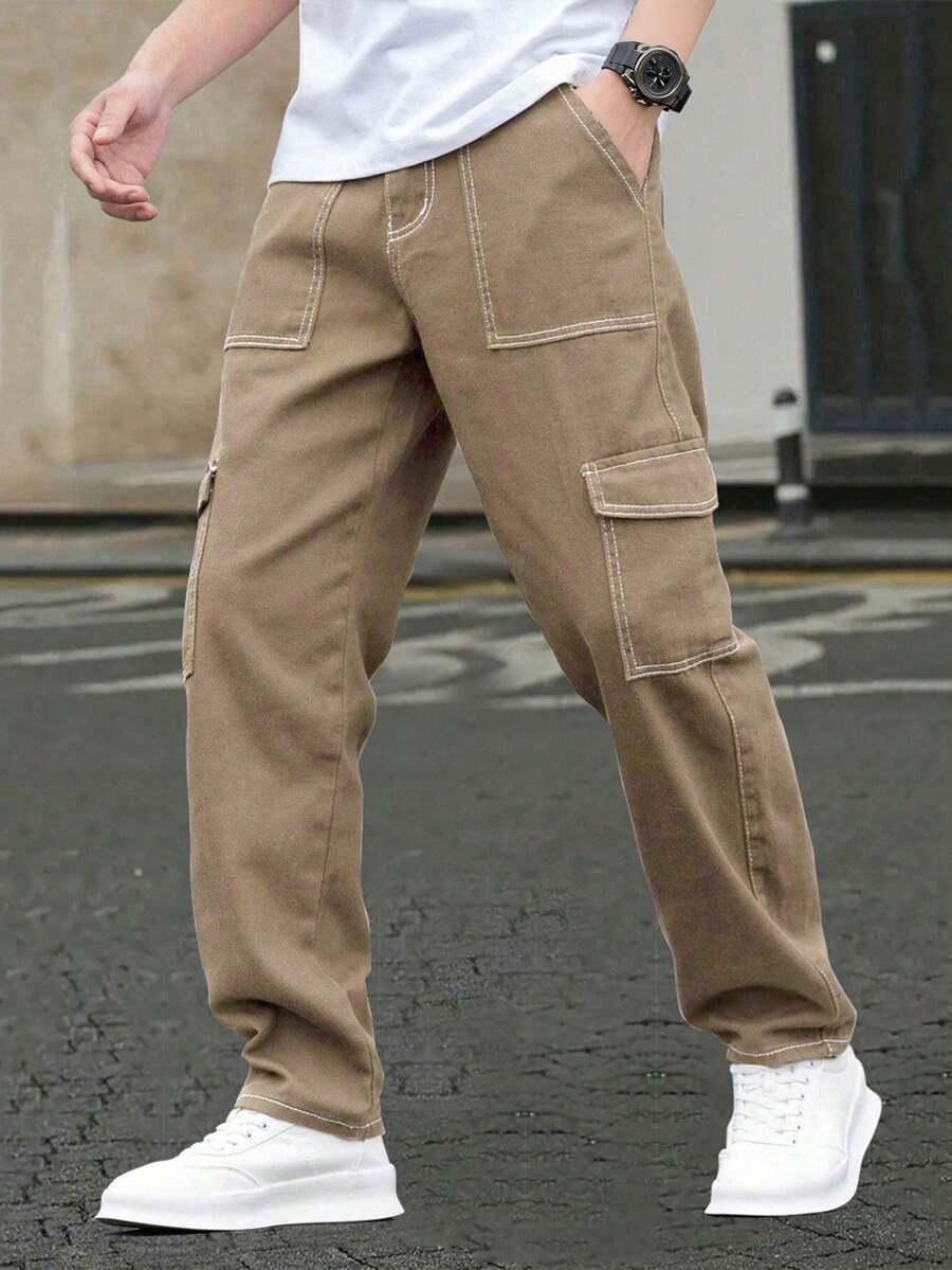 1 件青少年男孩休闲复古牛仔效果口袋工装裤，适合春、夏、秋、冬