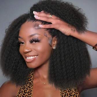 Kinky Straight Hair V-Part Clip In Synthetic Hair Extensions For Women Thin Leave Out Curly Hair Short Kinky Curly Clip In Wigs Style Glueless No Lace For Daily Party Halloween Cosplay Christmas Parties