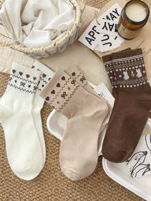 4 Pairs Of Knitted Mid Tube Socks, White, Oat, Dark Coffee, Dark Gray, Bow, Heart Pattern, Suitable For Autumn And Winter Sports, Going Out, Shopping, And Home Youth (18-40 Years Old) - Multicolor - View 7
