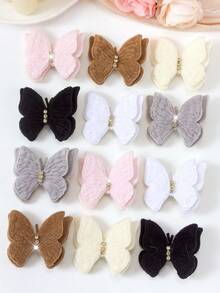 10 piezas de Pinzas para el cabello con mariposas de peluche de doble capa de colores aleatorios de otoño/invierno, accesorios para el cabello con alas texturizadas de unicolor con lunares y strass, adornos para la cabeza dulces para niñas para uso diario y fiestas - Multicolor - Ver 4