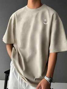 1件青少年男童户外运动休闲宽松绒面绒印花短袖T恤，适合春、夏、秋季穿着 - 杏色 - 查看 2