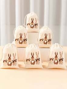 5pcs Easter Gift Bags, Linen-Like Drawstring Pocket Candy Egg Gift Packaging Storage Bags, 3 Brown Rabbit Candy Gift Bags, Suitable For Holiday Gifts, Spring/Summer Party Decor - Multicolor - View 1