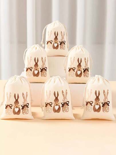 5个复活节礼品袋，亚麻质感抽绳口袋糖果蛋礼品包装收纳袋，3个棕色兔子糖果礼品袋，适合节日礼物、春夏派对装饰