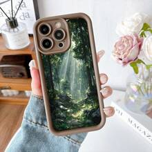 Cubierta de teléfono con borde protector negro con estampado de bosque mágico y rayos de sol para uso diario y viajes - Café integral - Ver 7