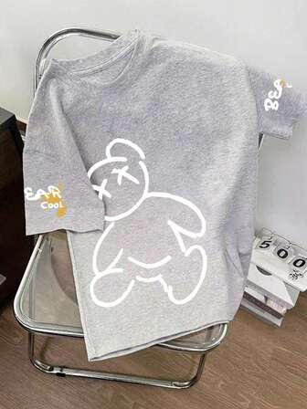 Camiseta de cuello redondo con estampado de oso de dibujos animados y lema para niño preadolescente, camiseta casual de verano para niños, suave
