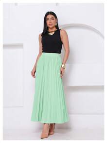 LXC Women's Pleated Skirt, Women's Vintage Midi Skirt, Elegant High-Waisted Long Skirt, Simple, Casual, Pleated, Office, Wedding - 薄荷綠 - 查看 3