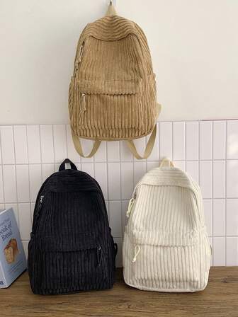 Mochila de estudiante de pana de unicolor, bolso para portátil de moda, gran capacidad, bolso de mensajero casual, mochila a rayas