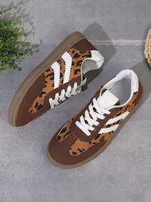 1 Pair Women's New Colorblock Leopard Print Lace-Up Casual Sneakers, Fashion Versatile Comfortable Flat Shoes, Suitable For All Seasons - Brown - View 6