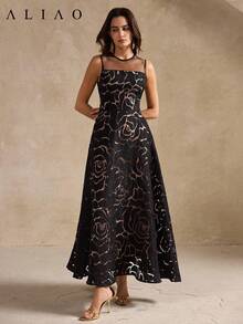 Aliao 优雅蕾丝拼接花卉薄纱无袖连衣裙，端庄得体，适合婚礼季、情人节、秋冬季、白色派对、复古贵族风、宫廷风、吸睛单品、日常优雅、新年等场合。 - 黑色 - 查看 6