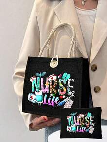 Conjunto de sacolas temáticas para enfermeiros, sacola de compras com estampa médica e bolsa organizadora combinando, projetada para profissionais da saúde, ideal para transportar suprimentos médicos, itens essenciais e presentes. Adequada para enfermeiros, equipe médica e entusiastas da área da saúde, perfeita para o dia a dia, visitas ao hospital e para presentear pessoas queridas, adicionando um toque de estilo ao seu visual. Design durável com estampas temáticas de enfermagem em destaque, um presente ideal para o Natal e Ano Novo. - Multicolorido - Ver 12