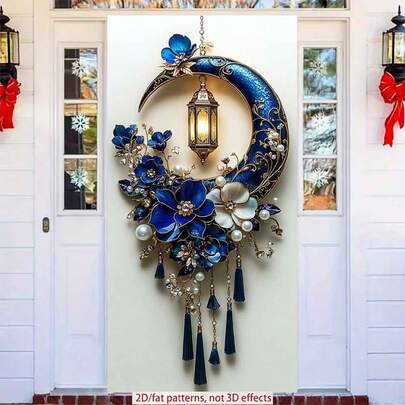 2D Polyester Ramadan Door Banner 1pc Exquisite Crescent - Shaped Wall Decor With Lantern, Flowers, Pearls And Tassels Eid Al-Fitr Photo Props And Supplies, Suitable For Muslim Ramadan And Eid Al-Adha Celebrations, Islamic-Themed Holiday Decorations
