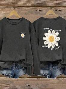 1 件女童休闲印花圆领长袖 T 恤，秋季学生年轻服装 - 深灰色 - 查看 6