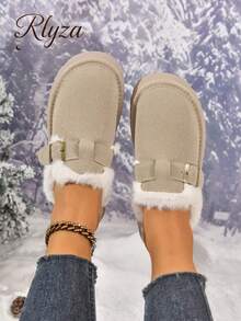 1 par de zapatos de plataforma de tela de unicolor, adecuados para usar en casa en otoño/invierno, zapatos de piel, zapatos tipo mule - Caqui - Ver 5