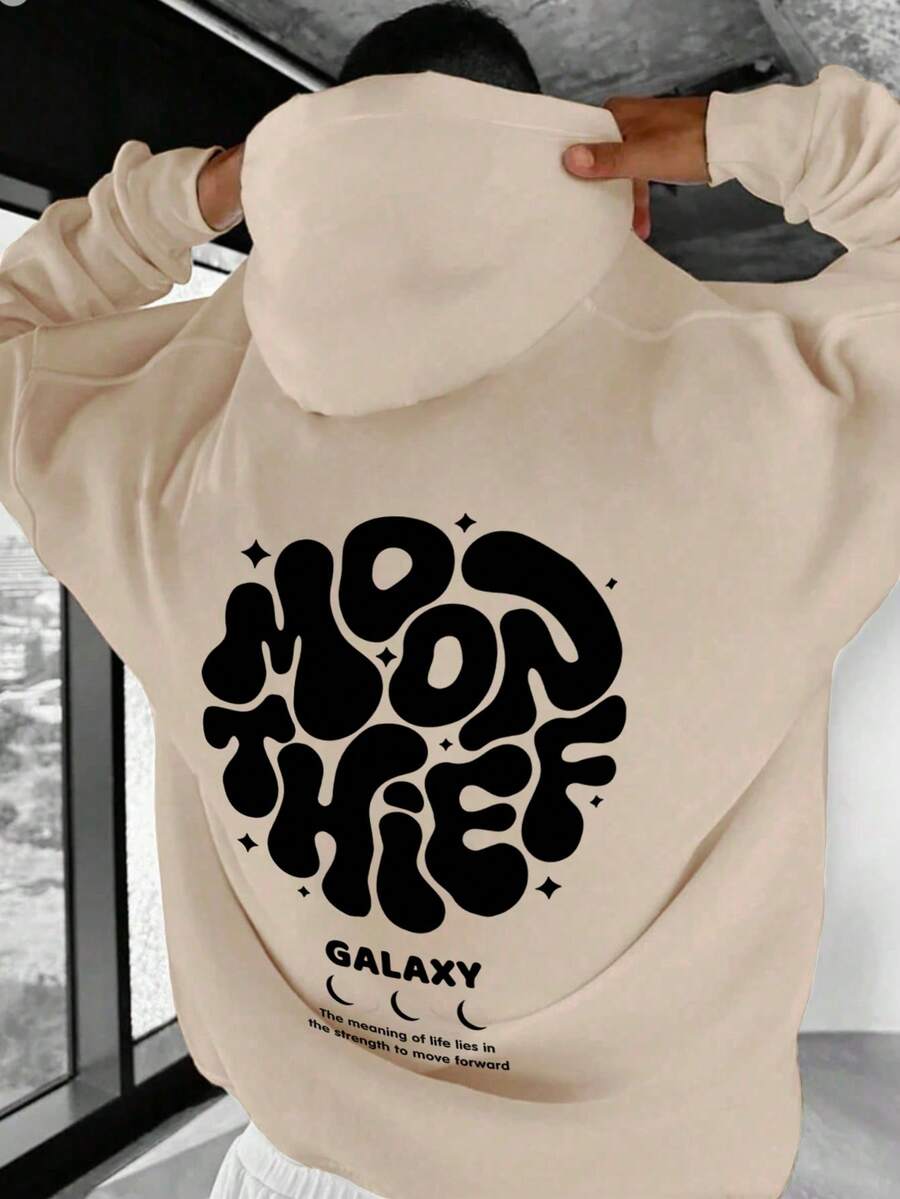 男士休闲时尚百搭日常通勤字母印花袋鼠口袋抽绳连帽衫，秋冬款 - 杏色 - 查看 1