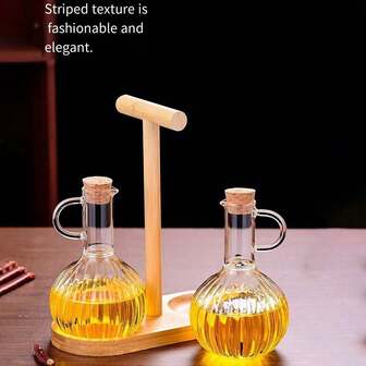 Three Pieces Borosilicate Heat-Resistant Glass Oil Bottle With Wooden Stopper, Home Kitchen Soy Sauce And Vinegar Seasoning Bottle, Large Striped Sesame Oil Bottle With Wooden Stand, Family Hotel Kitchen Supplies