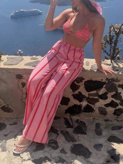 بنطلون فضفاض طويل ملون مخطط للنساء، ملابس كاجوال للشاطئ والعطلات الصيفية