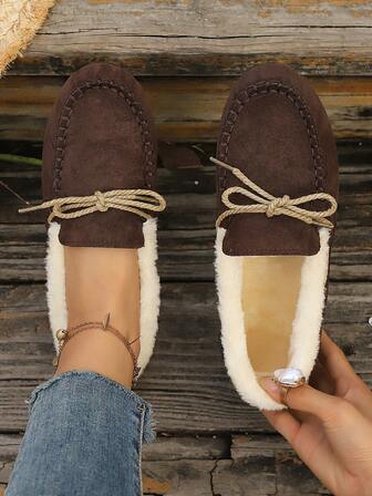 女士轻便休闲一脚蹬乐福鞋，舒适平底圆头系带编织鞋，适合通勤、度假、购物，经典纯色，深咖啡棕色，带保暖内衬，休闲莫卡辛鞋