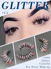 渐变闪光假睫毛，彩色假睫毛，1对仿貂毛蓬松闪光亮片假睫毛，派对妆容适用 - 附閃片/水鑽款 - 查看 12