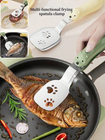 1pc Multifunctional Bear Fish Frying And BBQ Spatula Tongs, 2-In-1 Stainless Steel Food Clip, Suitable For Frying Fish, Barbecue, Stir-Frying, Toasting, Extended Non-Slip Oil-Draining Spatula Tongs With Heat Insulation
