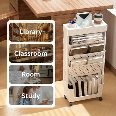 1 st. boklåda med hjul, 2/5 våningar, hängande skrivbordsbokorganisatör, bokhylla för klassrum, boklåda för elever, praktisk hylla för kontor/studierum/sovrum/badrum med flera scener