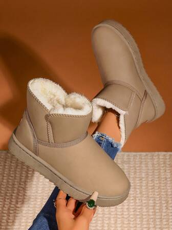 1 Pair Khaki PU Leather Waterproof Casual Outdoor Warm Snow Boots, Women Flat Plain Short Boots For Winter,Fur Boots