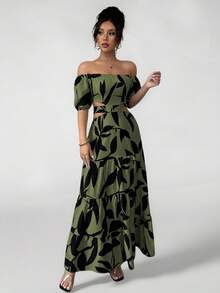 Vestidos Elegantes De Vacaciones De Hombros Descubiertos Para Mujer,Con Anudado Y Diseño Calado (Estampado Floral Aleatorio) - Verde oscuro - Ver 4
