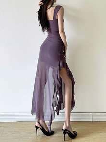 YeonC性感露背紧身连衣裙，荷叶边下摆和开衩设计 - 紫色 - 查看 2