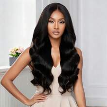 新款时尚黑色28英寸中分长卷发合成假发，适合日常佩戴 - 黑色 - 查看 8