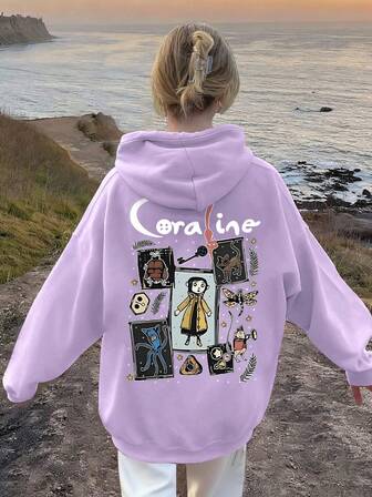 Teen Girl Classic Element Pattern Prints In Movies Such As Caroline, Button-Eye Characters, Black Cats, Etc, Casual Hooded Sweatshirt