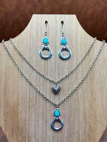 1 Set Vintage Bohemian Style Turquoise Pendant Necklace, Turquoise Earrings, 2-Layer Necklace Can Be Matched Freely, Versatile, Suitable For Casual Wear, All Seasons Jewelry, Suitable For Women And Girls To Match Daily Outfits, Party Accessories, Jewelry, Gift For Family/Friends/Yourself - Bohemian Style - View 8