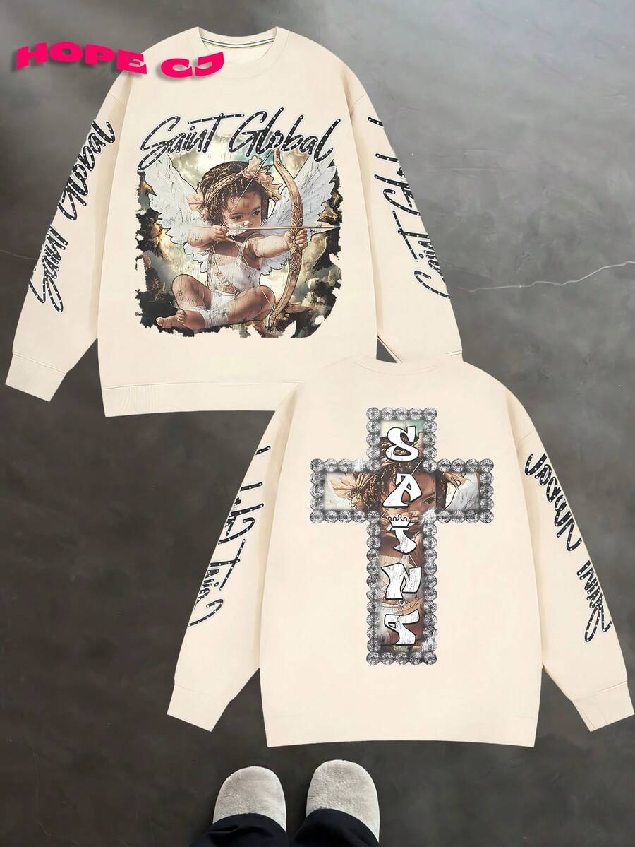 Saint Global With Angel Back Cross With SAINTS [250g Polyester] Fiber Fashionable Men's Casual Long-Sleeve Crew Neck Pullover Sweatshirt, Suitable For Outdoor Sports, Ideal For Autumn And Winter With Prints. - 米色1 - 查看 1