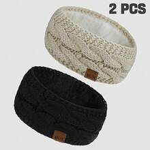 2-Pack Women's Autumn Winter MOK Logo Fleece Knitted Headband Suitable For Cold Weather Outdoor Sports Warm Ear Protection Headband - Đen + Be - Xem 6