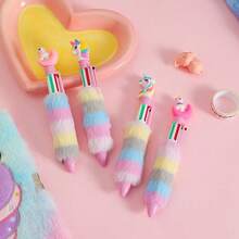 1pc Cartoon Unicorn Plush Ballpoint Pen, Cute Faux Plush Six Color Plastic Ballpoint Pen, Multicolor Writing Office Supplies