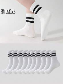 5/10双装男女通用柔软舒适条纹白色中筒袜，适合日常穿着、户外活动、休闲运动、搭配乐福鞋、运动鞋，四季皆宜。 - 白色 - 查看 6