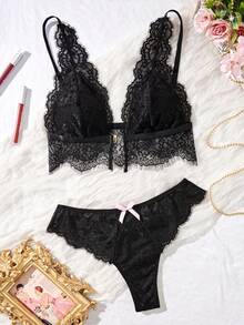 两件套新款女士性感内衣套装，可调节肩带，前部单排钩扣，三角文胸和蝴蝶结装饰三角内裤，睫毛蕾丝性感舒适内衣情趣套装 - 黑色 - 查看 2