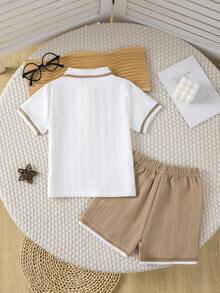 男童两件套：罗纹领半开襟POLO衫和松紧腰休闲短裤，春夏款 - 白色 - 查看 3