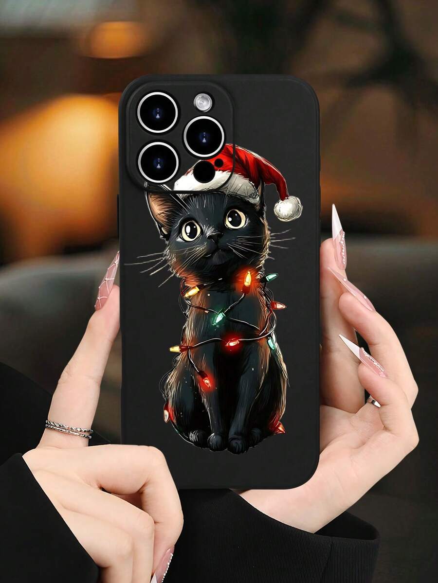 1PC Funda de teléfono TPU con diseño de gato negro con gorro navideño y luces de colores, estilo festivo y adorable, protección para lente, resistente a caídas, textura mate suave, ideal para mujeres, amantes de mascotas y celebraciones navideñas, regalo especial, compatible con iPhone16/15/14/13/12/11/XS/XR/X/PLUS/PRO/PROMAX, compatible con Galaxy A21/A24/A25/A32/A34/A35/A54/A55, Galaxy S20/S21/S22/S23/S24 Ultra, agarre cómodo, regalo de temporada para amigos, novia, novio, familia - Negro - Ver 1