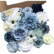 Roses Artificial Flowers Pink Bouquets Box Set Bridal Wedding Shower Decorations Floral Arrangements Party Table Centerpieces Home Decor Indoor Outdoor Dusty Blush 19pcs - Q (Light Blue, Navy) - View 2