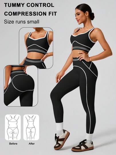 1 Conjunto de ropa deportiva de moda para mujer, sujetador deportivo sin costuras y leggings, yoga y correr de nailon negro y blanco